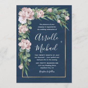 navy blue & pink dusty rose greenery gold wedding invitation
