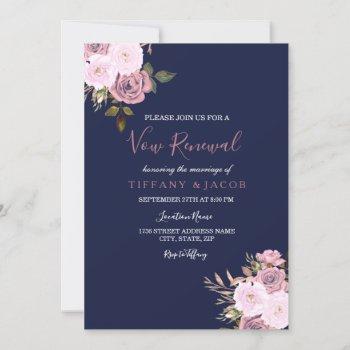 Small Navy Blue Pink & Rose Vow Renewal Invite Front View