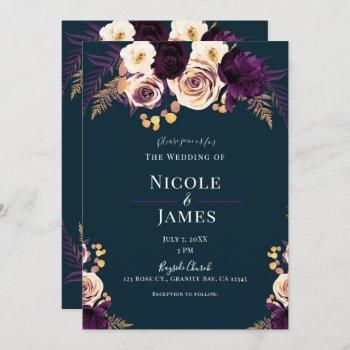 navy blue purple dark floral greenery wedding invitation
