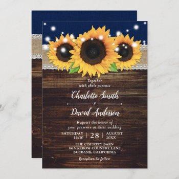navy blue rustic burlap and lace sunflower wedding invitation