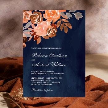 navy blue rustic earthy terracotta floral wedding invitation