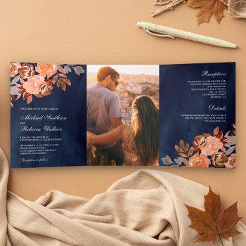 navy blue rustic earthy terracotta floral wedding tri-fold invitation