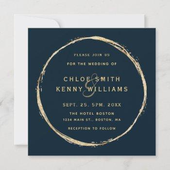 navy blue rustic gold circle wedding square invitation