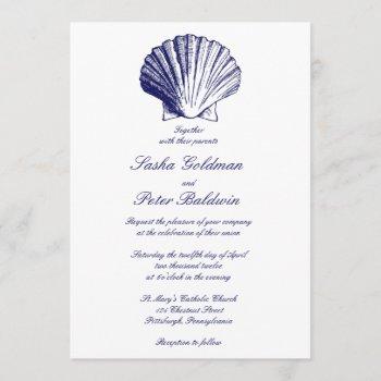 navy blue sea shells wedding invitation