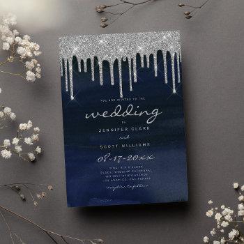 navy blue silver glitter drips script wedding invitation