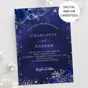 navy blue silver sparkles floral wedding invitation