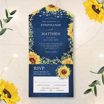 navy blue sunflower lights rustic wedding all in one invitation