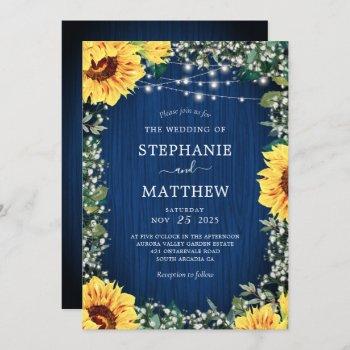 navy blue sunflower lights rustic wedding invitation