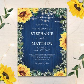 navy blue sunflower lights rustic wedding invitation