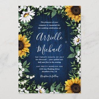 navy blue sunflower rustic wedding invitations