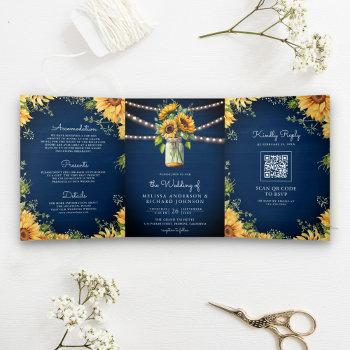 navy blue sunflowers mason jar qr code wedding tri-fold invitation