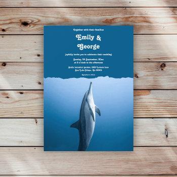 navy blue under the sea dolphin coastal wedding invitation