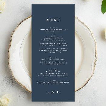 navy blue white elegant classic wedding menu
