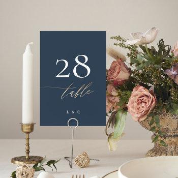 Small Navy Blue White Elegant Gold Classic Wedding Table Number Front View