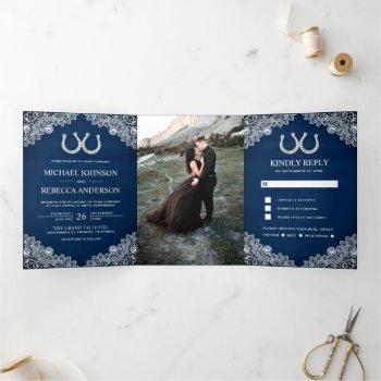 navy blue wood horseshoes lace wedding photo tri-fold invitation
