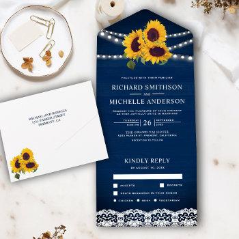 navy blue wood lace string light sunflower wedding all in one invitation