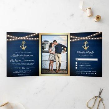 navy blue wood nautical gold anchor lights wedding tri-fold invitation