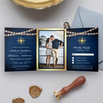 Small Navy Blue Wood Nautical Gold Compass Wedding Tri-fold Front View