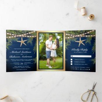 navy blue wood tropical palm leaf starfish wedding tri-fold invitation