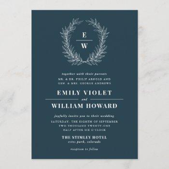 navy blue wreath monogram wedding invitation