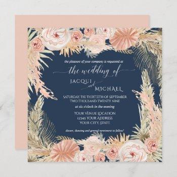 Small Navy Blush Boho Rose Peony Floral Pampas Grass Front View