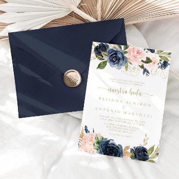 navy blush floral gold nuestra boda wedding invitation