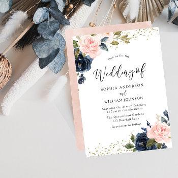 navy & blush flowers glitter wedding invitation