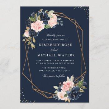 navy & blush watercolor floral geometric wedding invitation