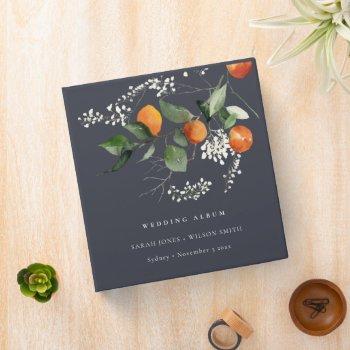 Small Navy Boho Orange Blossom Botanical Wedding Album 3 Ring Binder Front View