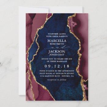 navy, burgundy & gold agate wedding invitation