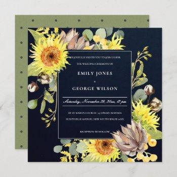 navy chic sunflower eucalyptus pine floral wedding invitation
