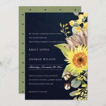 navy chic sunflower eucalyptus pine floral wedding invitation