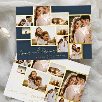 Small Navy Collage Multi Photo Save The Date Gold Frames Foil Front View