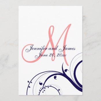 Small Navy Coral Swirl Monogram Wedding Front View