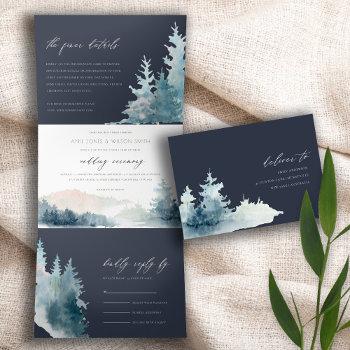 navy dusky blue mountains pine watercolor wedding  tri-fold invitation