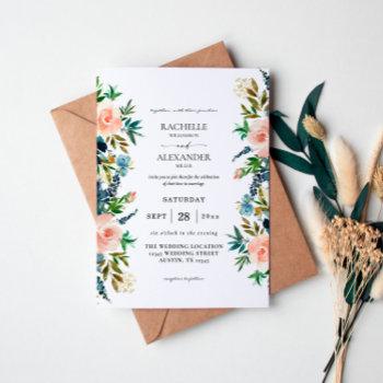 navy, dusty blue & pink floral wedding invitation