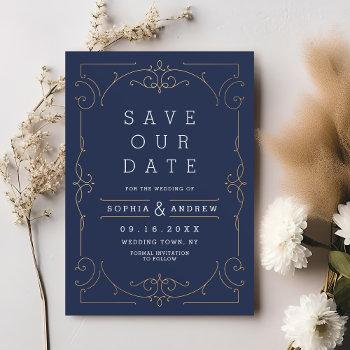 Small Navy Elegant Modern Classic Wedding Save The Date Front View