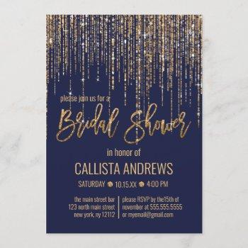 navy gold glitter fringe curtain bridal shower invitation