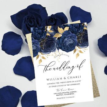 navy indigo blue & gold floral wedding invitation