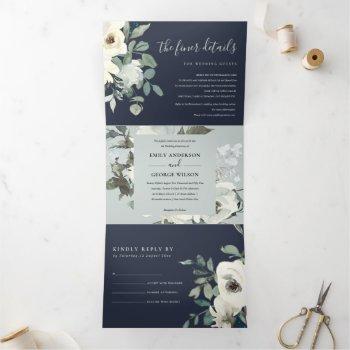Small Navy Ivory White Floral Watercolor Bunch Wedding Tri-fold Front View