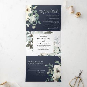 Small Navy Ivory White Floral Watercolor Bunch Wedding Tri-fold Front View