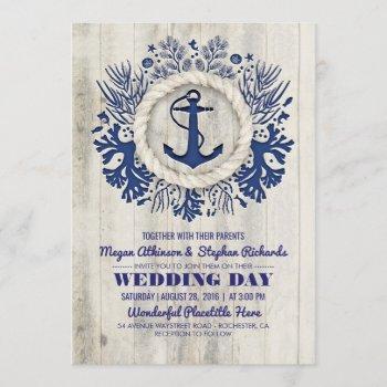 navy nautical anchor rustic beach wedding invitation