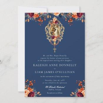 navy orange burgundy floral catholic wedding invitation