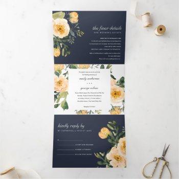 navy peach peony floral watercolor wedding tri-fold invitation