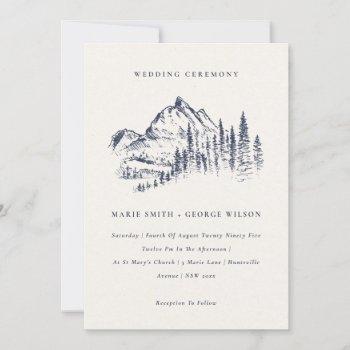 navy pine woods mountain sketch wedding invite