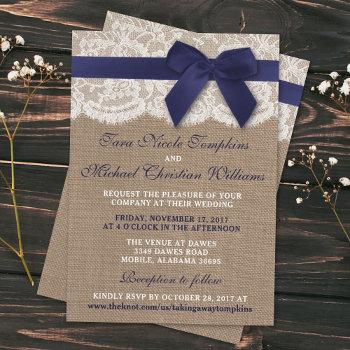 navy ribbon on burlap & lace wedding invitation