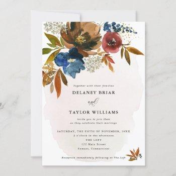 navy & rust watercolor boho floral, wedding invitation