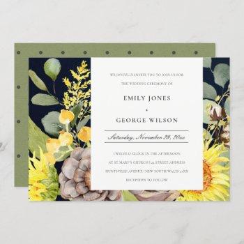 navy sunflower eucalyptus grass floral wedding invitation