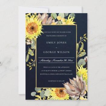 navy sunflower eucalyptus pine floral wedding invitation