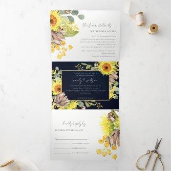 navy sunflower eucalyptus watercolor flora wedding tri-fold invitation